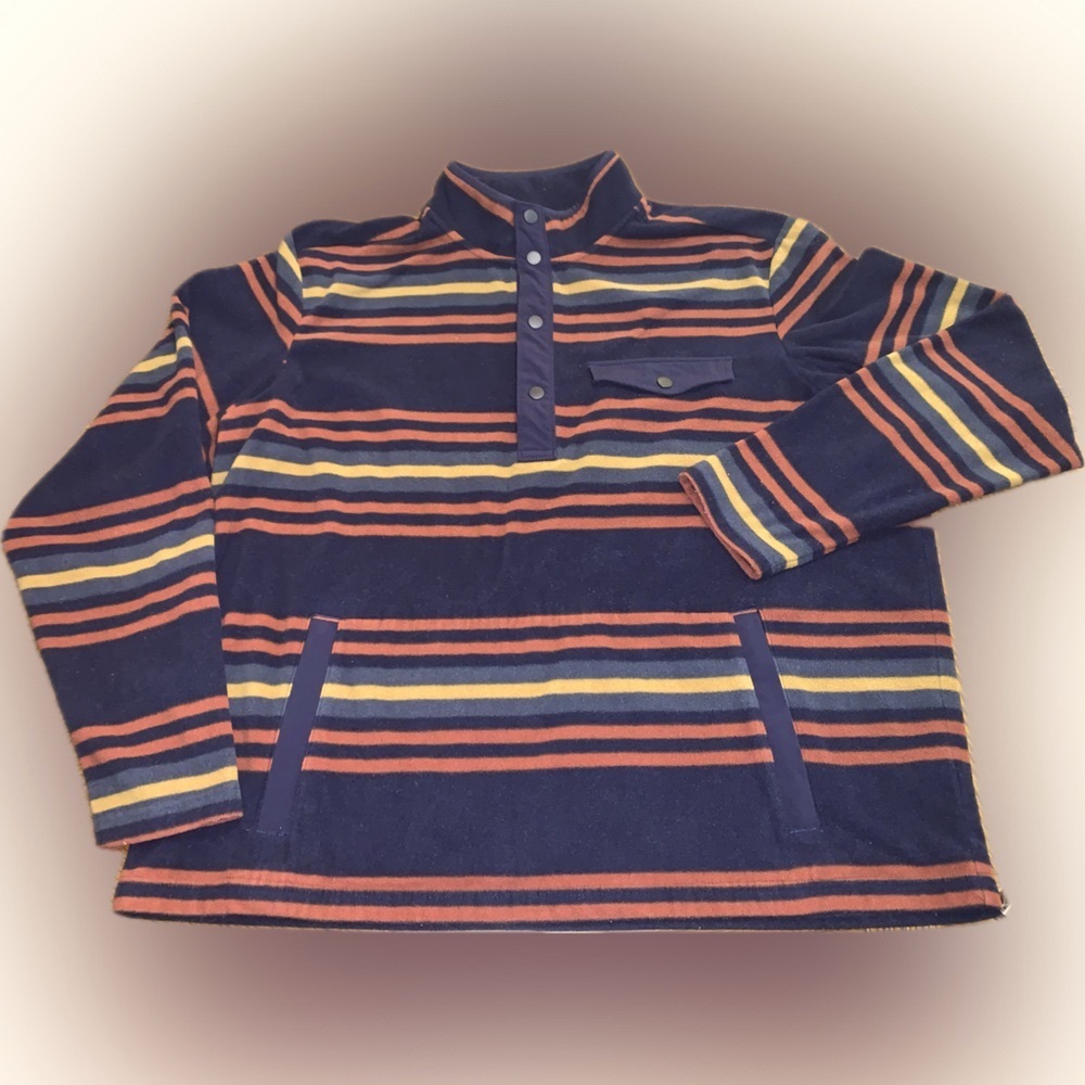Duluth Trading Co Mens Doubleback Fleece Pullover Sweater Striped Navy Orange XL